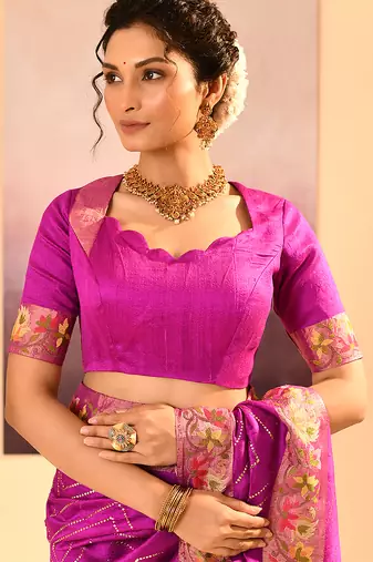 Magenta pink embroidered raw silk saree set