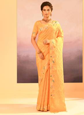 Yellow printed raw silk saree set 1