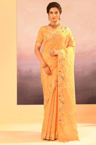 Yellow printed raw silk saree set