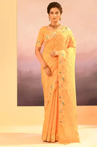 Yellow printed raw silk saree set