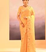 Yellow printed raw silk saree set
