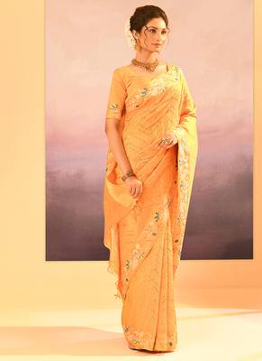 Yellow printed raw silk saree set 2