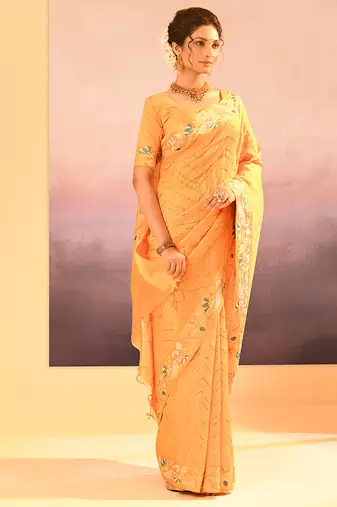 Yellow printed raw silk saree set
