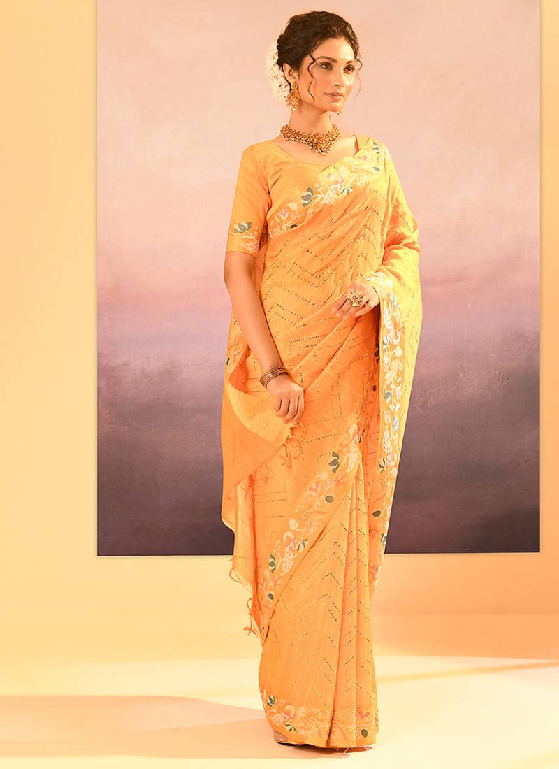 Yellow printed raw silk saree set