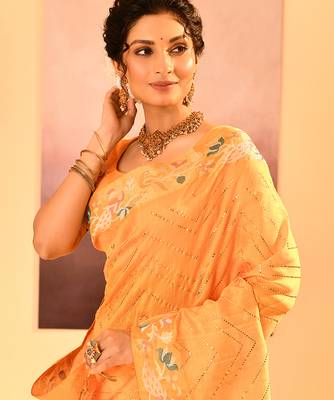 Yellow printed raw silk saree set 3