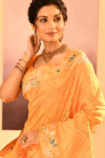 Yellow printed raw silk saree set