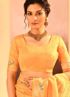 Yellow printed raw silk saree set 4