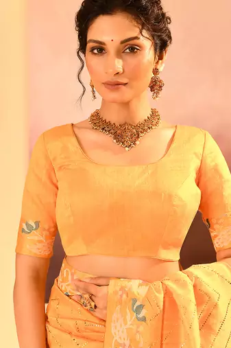 Yellow printed raw silk saree set