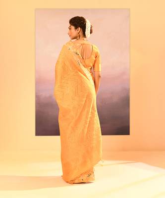 Yellow printed raw silk saree set 5