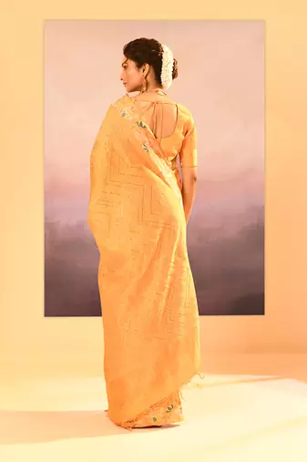 Yellow printed raw silk saree set
