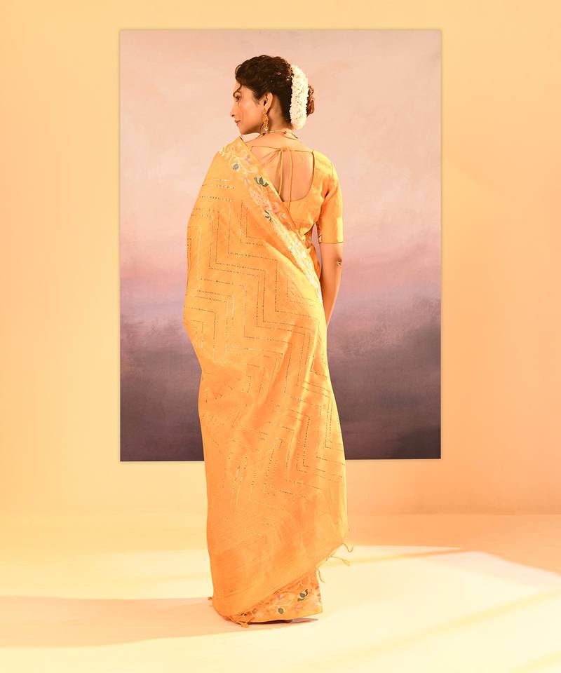 Yellow printed raw silk saree set