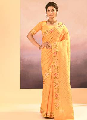 Light yellow printed raw silk saree set 1