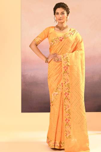 Light yellow printed raw silk saree set