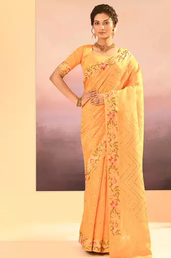Light yellow printed raw silk saree set