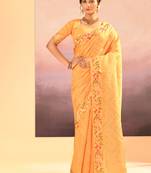 Light yellow printed raw silk saree set