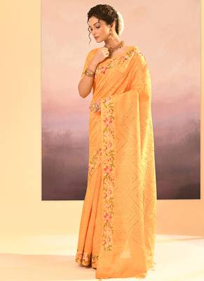 Light yellow printed raw silk saree set 2