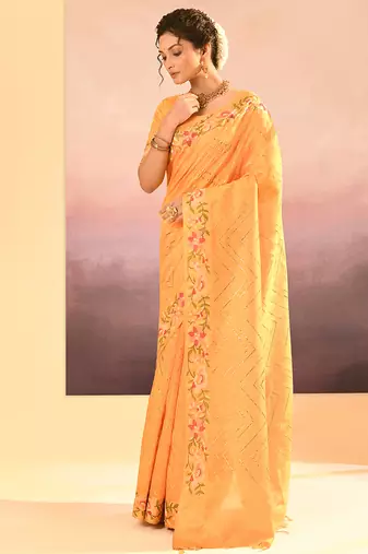 Light yellow printed raw silk saree set
