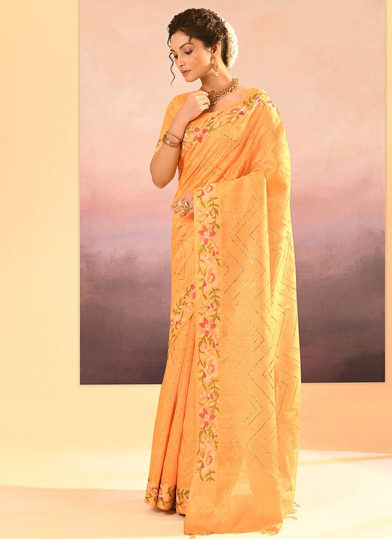 Light yellow printed raw silk saree set