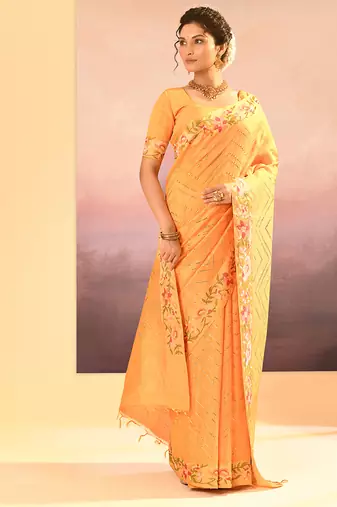Light yellow printed raw silk saree set