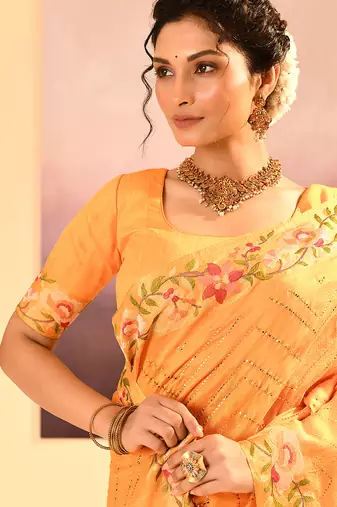 Light yellow printed raw silk saree set