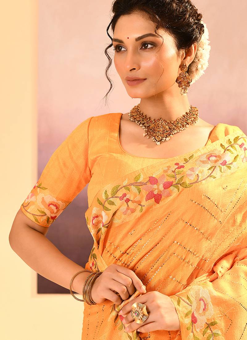 Light yellow printed raw silk saree set