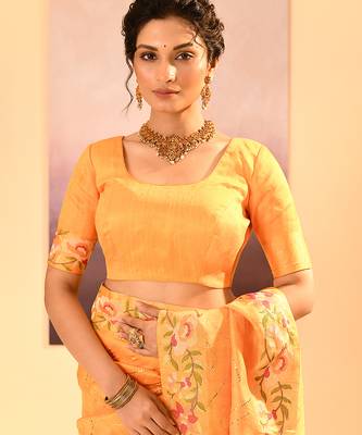 Light yellow printed raw silk saree set 5