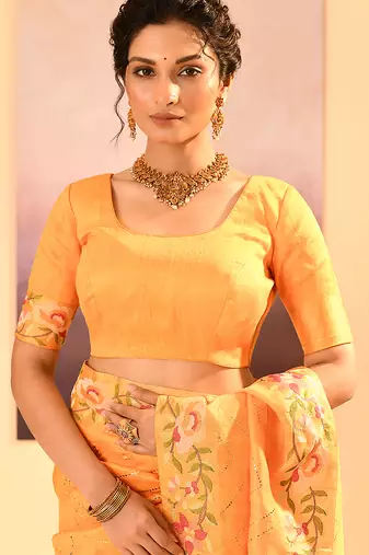 Light yellow printed raw silk saree set