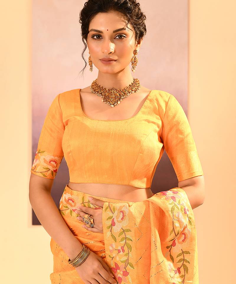 Light yellow printed raw silk saree set