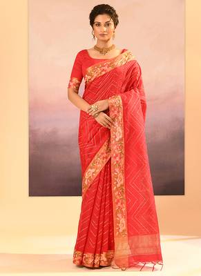 Coral red printed raw silk saree set 1