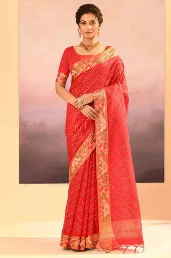 Coral red printed raw silk saree set
