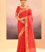 Coral red printed raw silk saree set