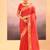 Coral red printed raw silk saree set