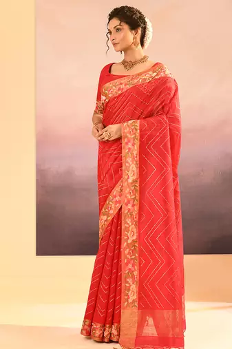 Coral red printed raw silk saree set