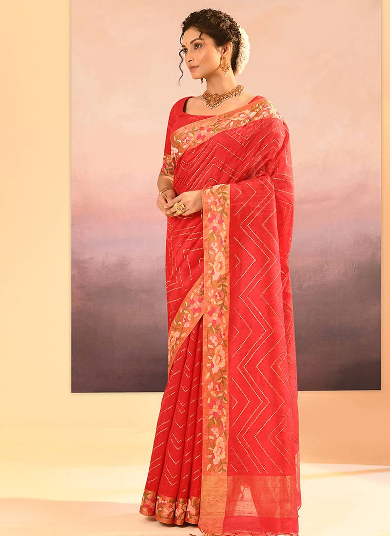 Coral red printed raw silk saree set
