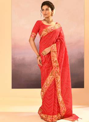Coral red printed raw silk saree set 3