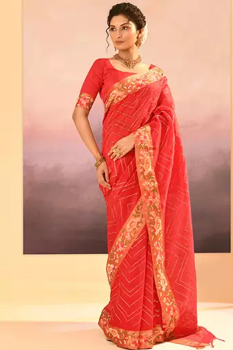 Coral red printed raw silk saree set