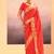 Coral red printed raw silk saree set