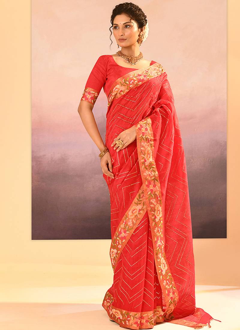 Coral red printed raw silk saree set