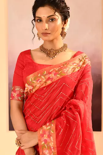Coral red printed raw silk saree set