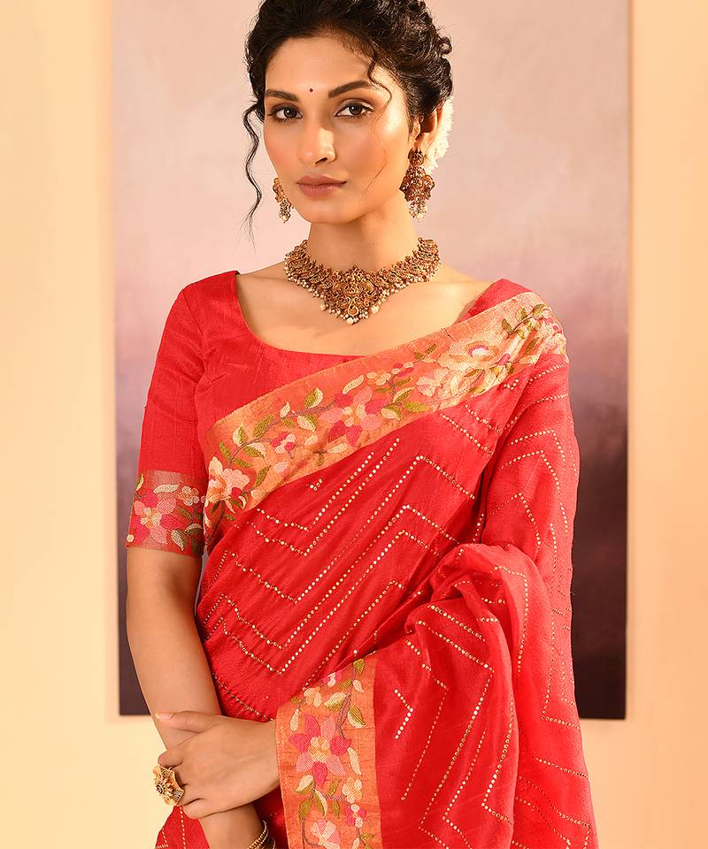 Coral red printed raw silk saree set