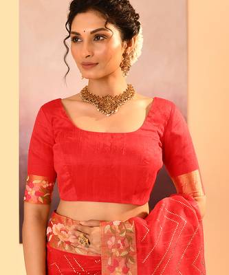 Coral red printed raw silk saree set 5