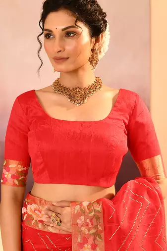 Coral red printed raw silk saree set