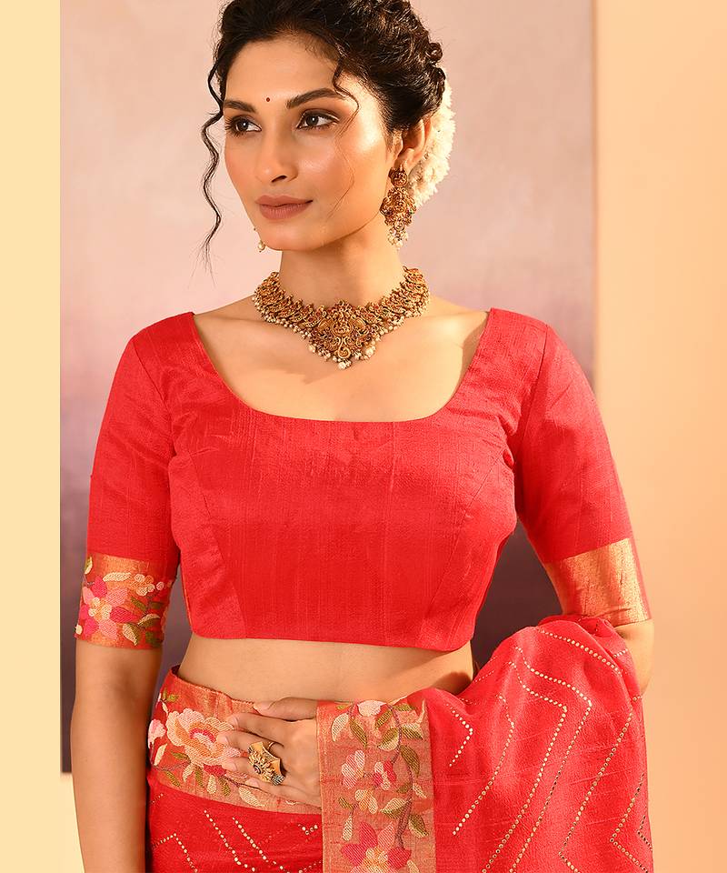 Coral red printed raw silk saree set