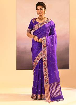 Purple printed raw silk saree set 1