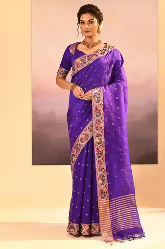 Purple printed raw silk saree set