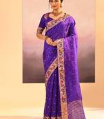 Purple printed raw silk saree set