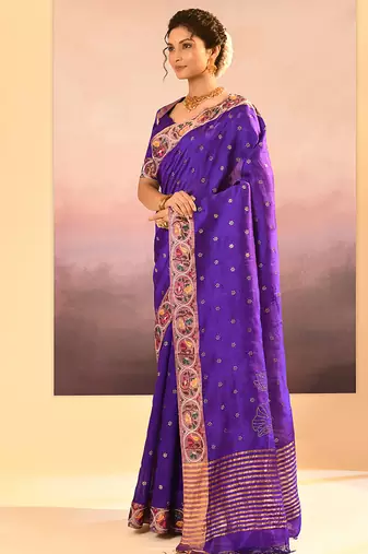 Purple printed raw silk saree set