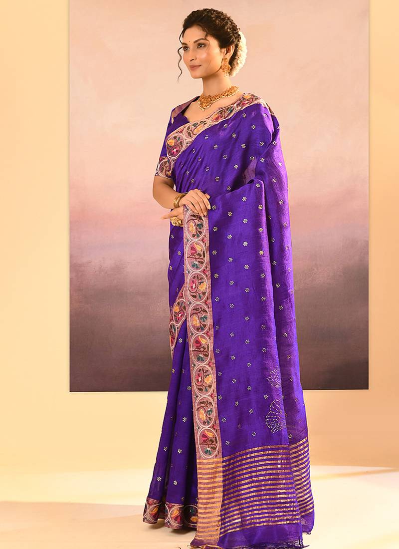 Purple printed raw silk saree set
