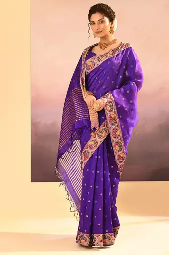 Purple printed raw silk saree set