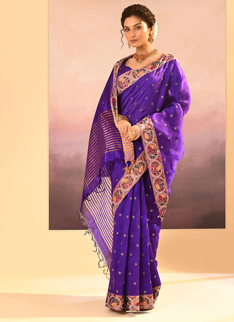 Purple printed raw silk saree set